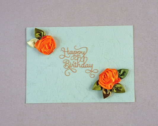 handmade ribbon roses birthday card, green and orange