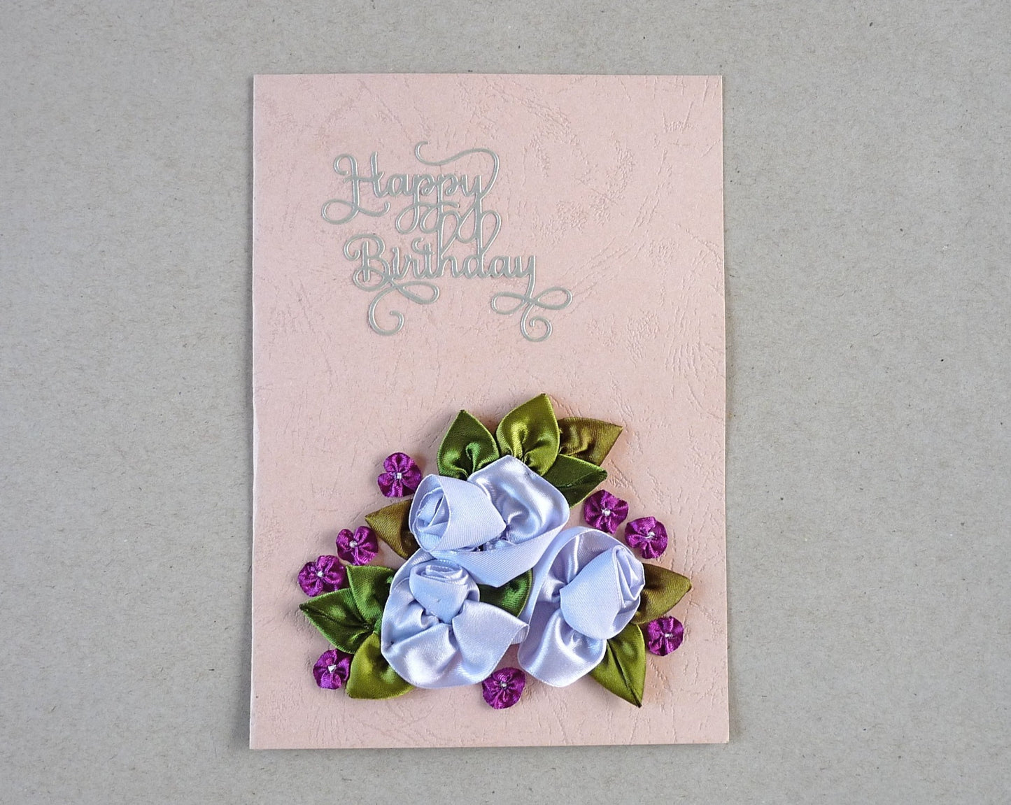 handmade ribbon roses large birthday card, pink and purple