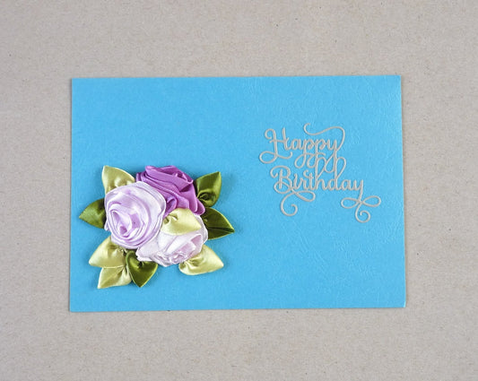 handmade ribbon roses birthday card, blue and purple