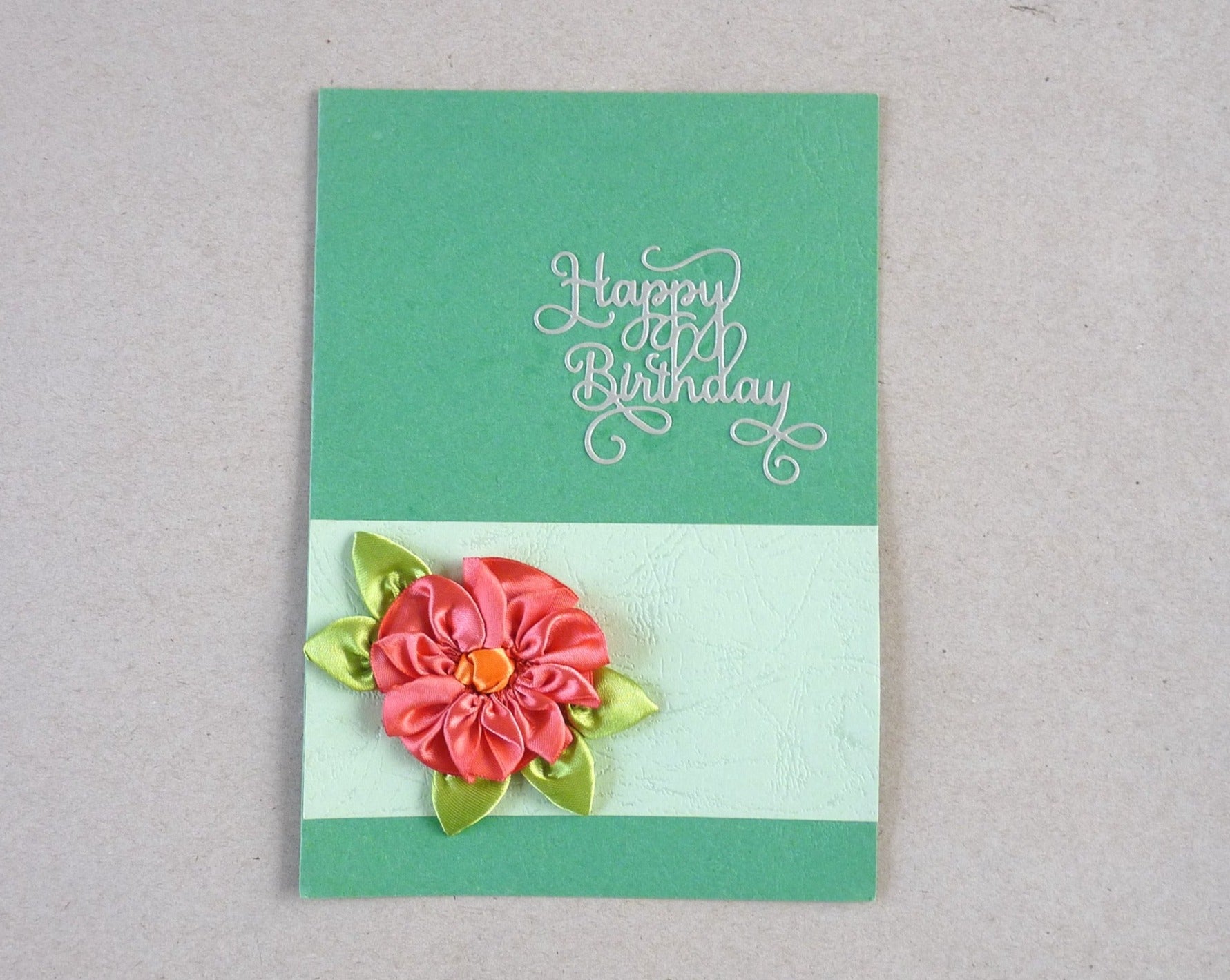 handmade ribbon flower birthday card, green and pink