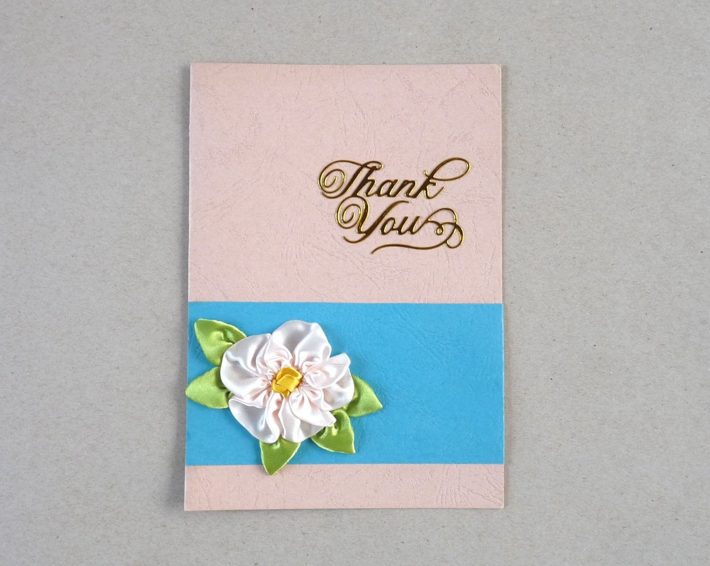 handmade ribbon flower thank you card, pink and blue