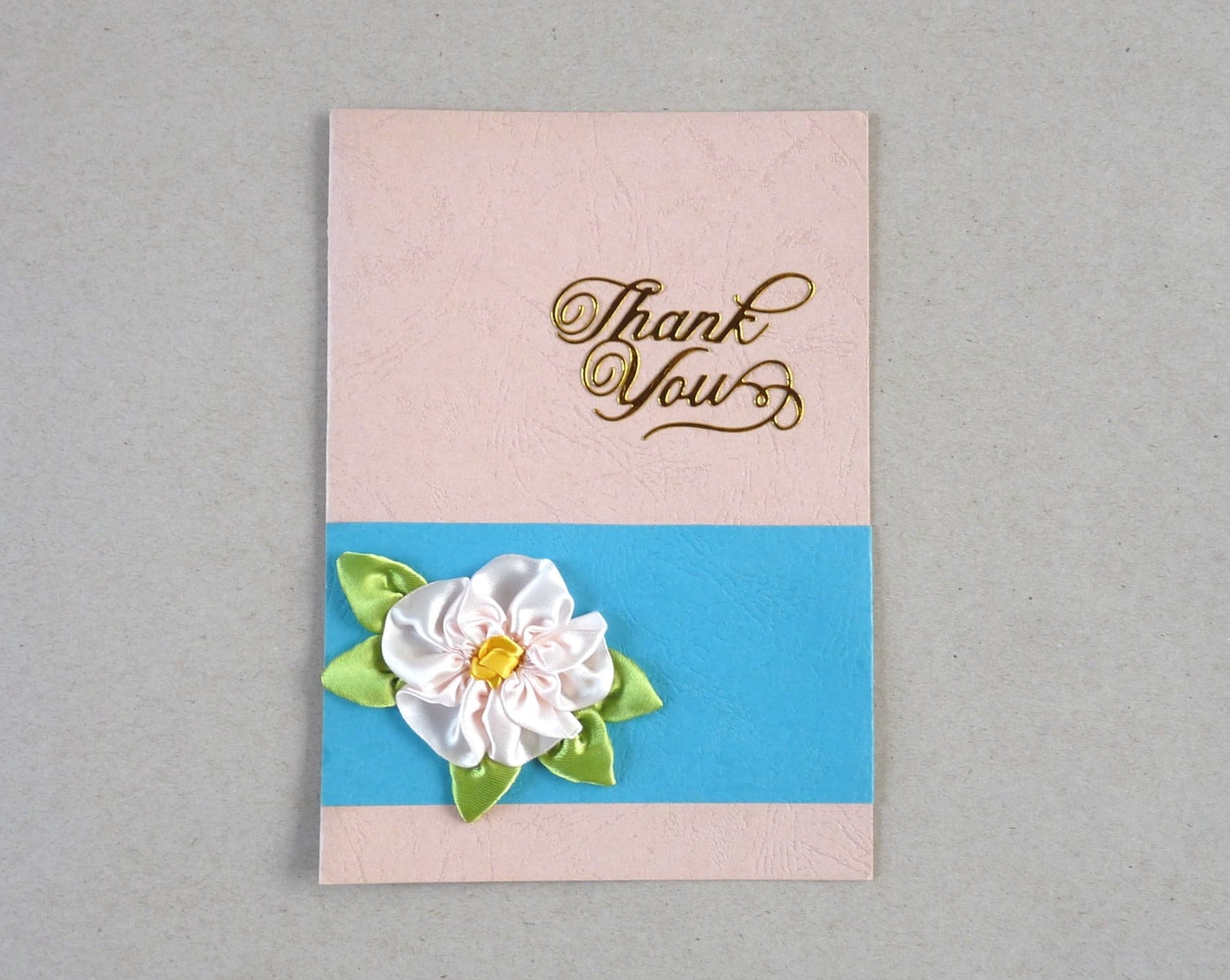 handmade ribbon flower thank you card, pink and blue