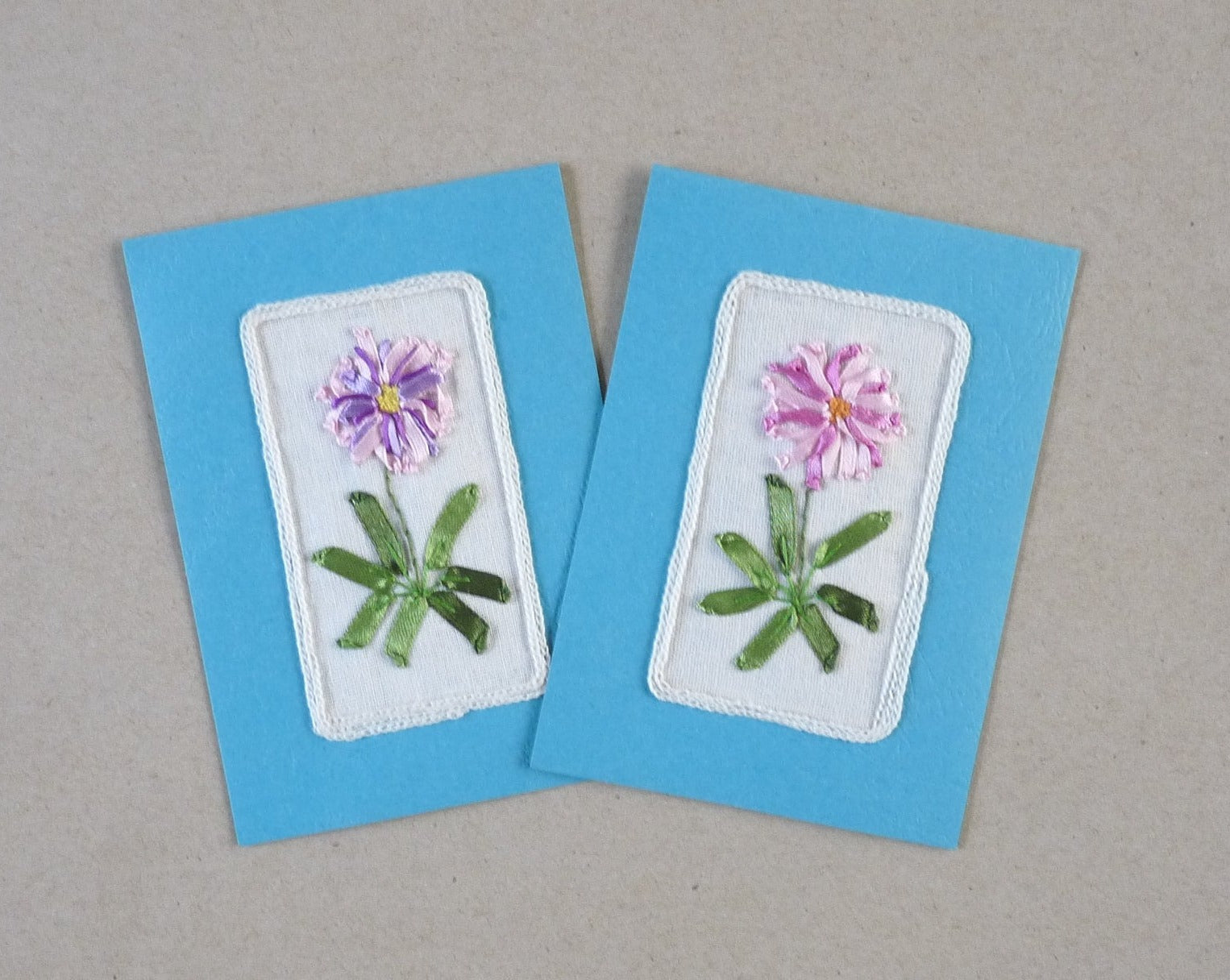 set of two small ribbon embroidered blank greeting cards