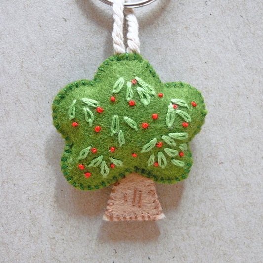 handmade felt tree key tag, hand embroidered