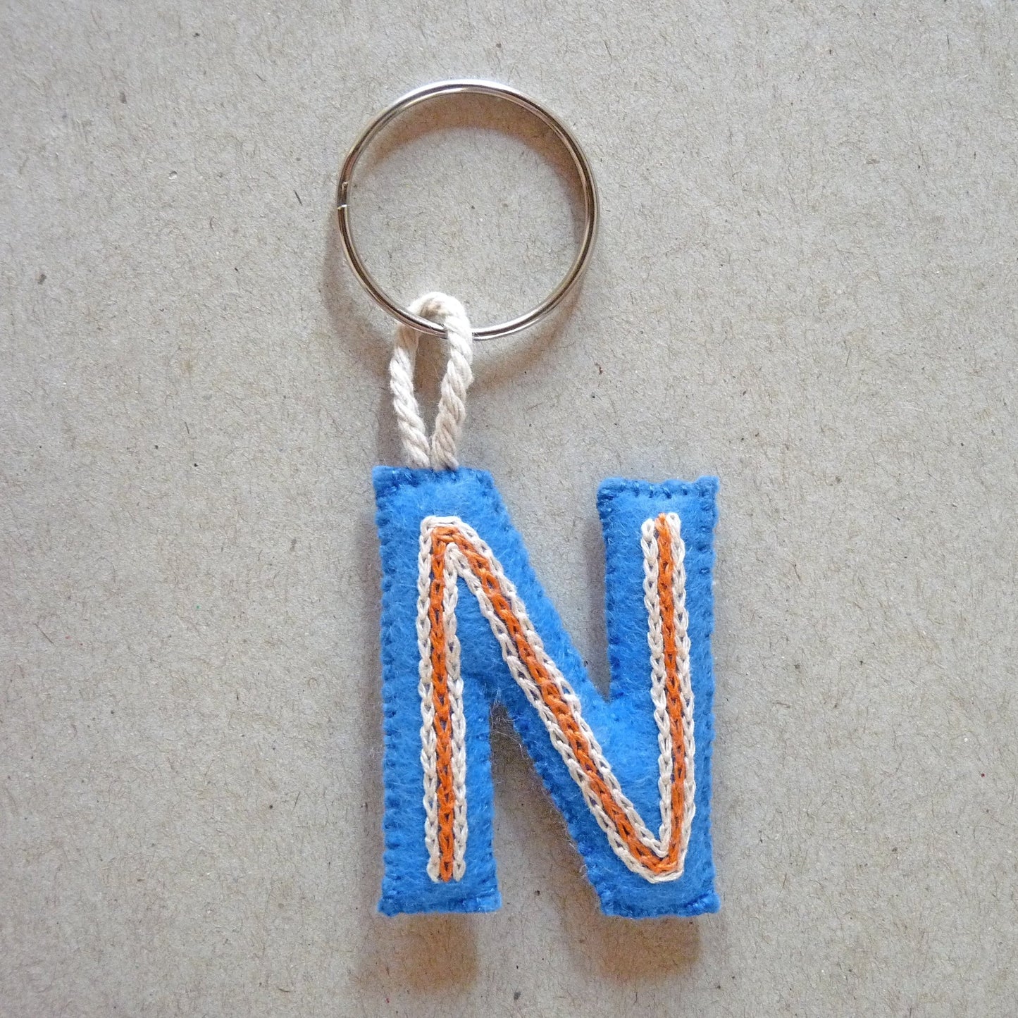 letter N blue and orange felt key tag