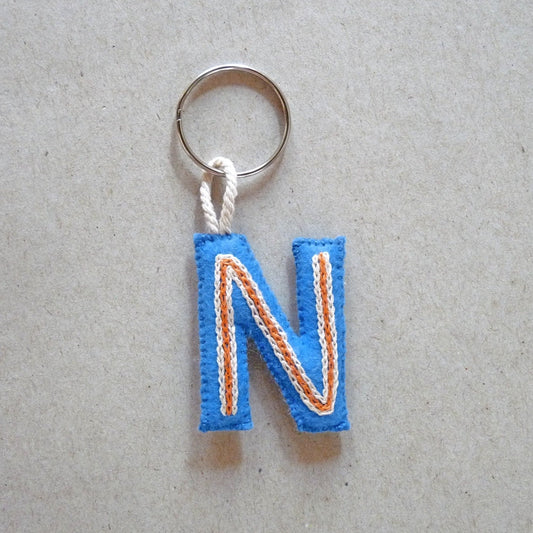 letter N blue and orange felt keychain