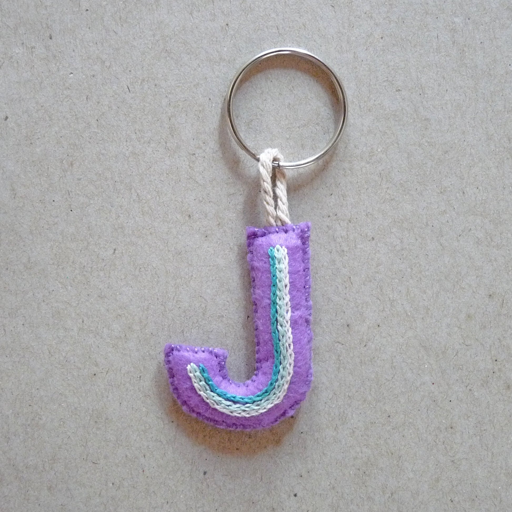 letter J purple and green felt keychain