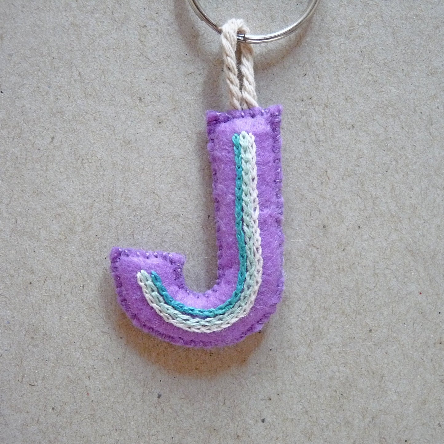 letter J purple and green felt keyring