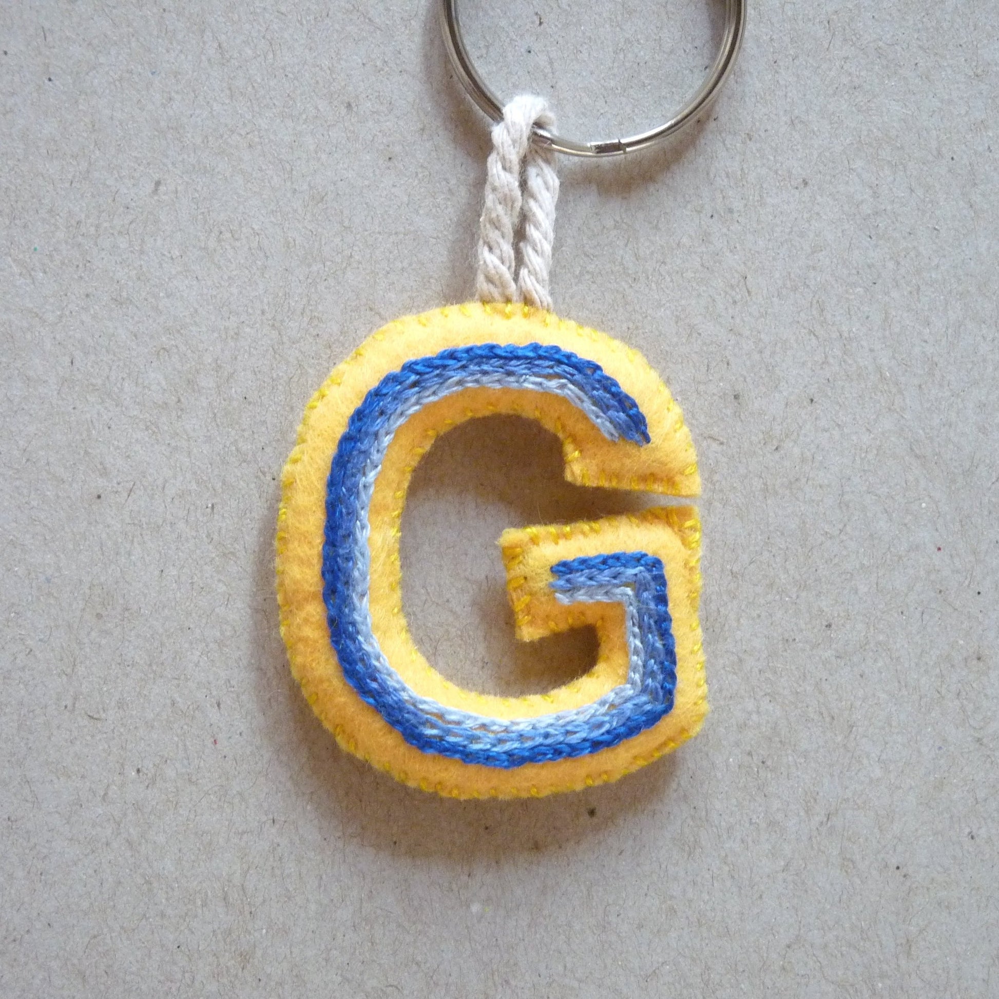 yellow and blue letter G felt keyring