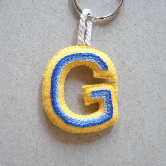 letter G felt keyring, yellow and blue embroidered