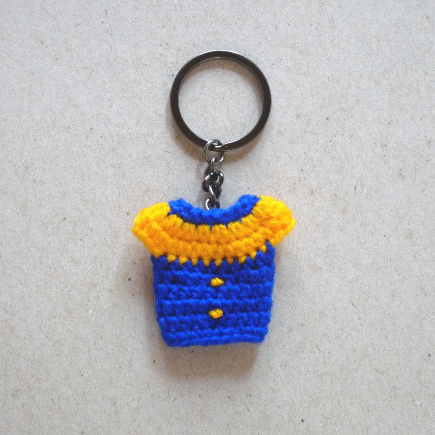 yellow and blue crochet blouse keychain