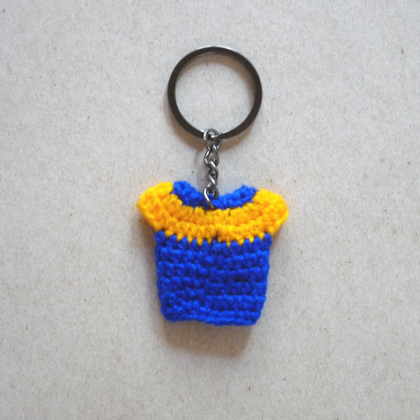 yellow and blue crochet top keyring