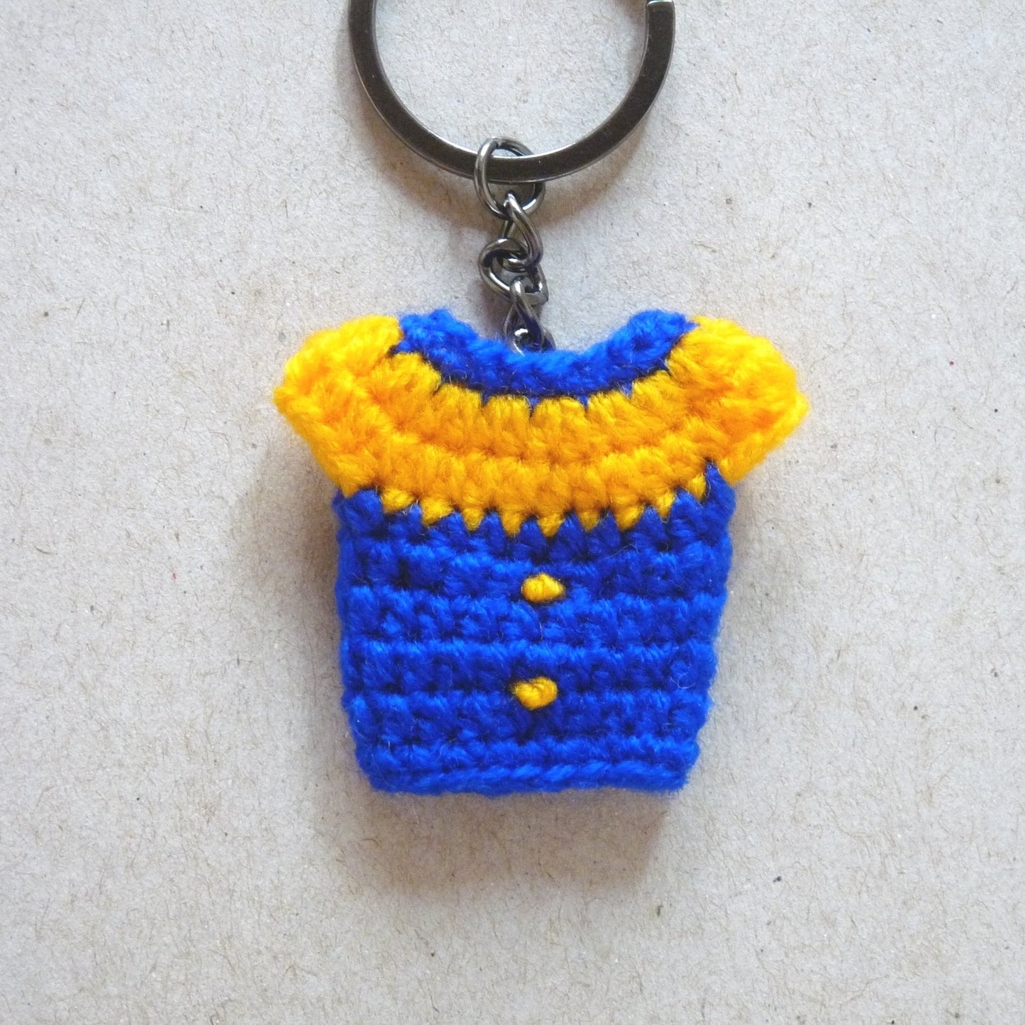 golden yellow and blue crochet top key tag