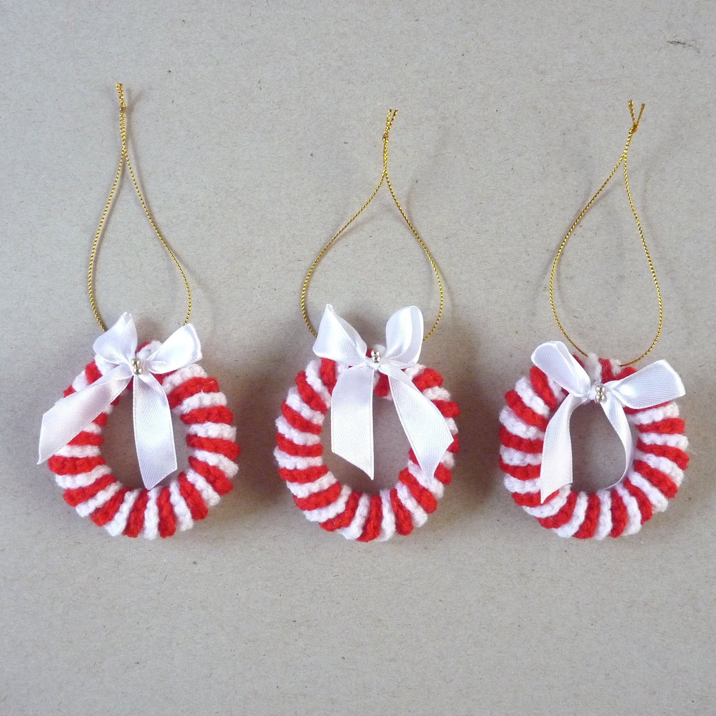 Crochet candy cane wreath Christmas tree ornaments, set of 3