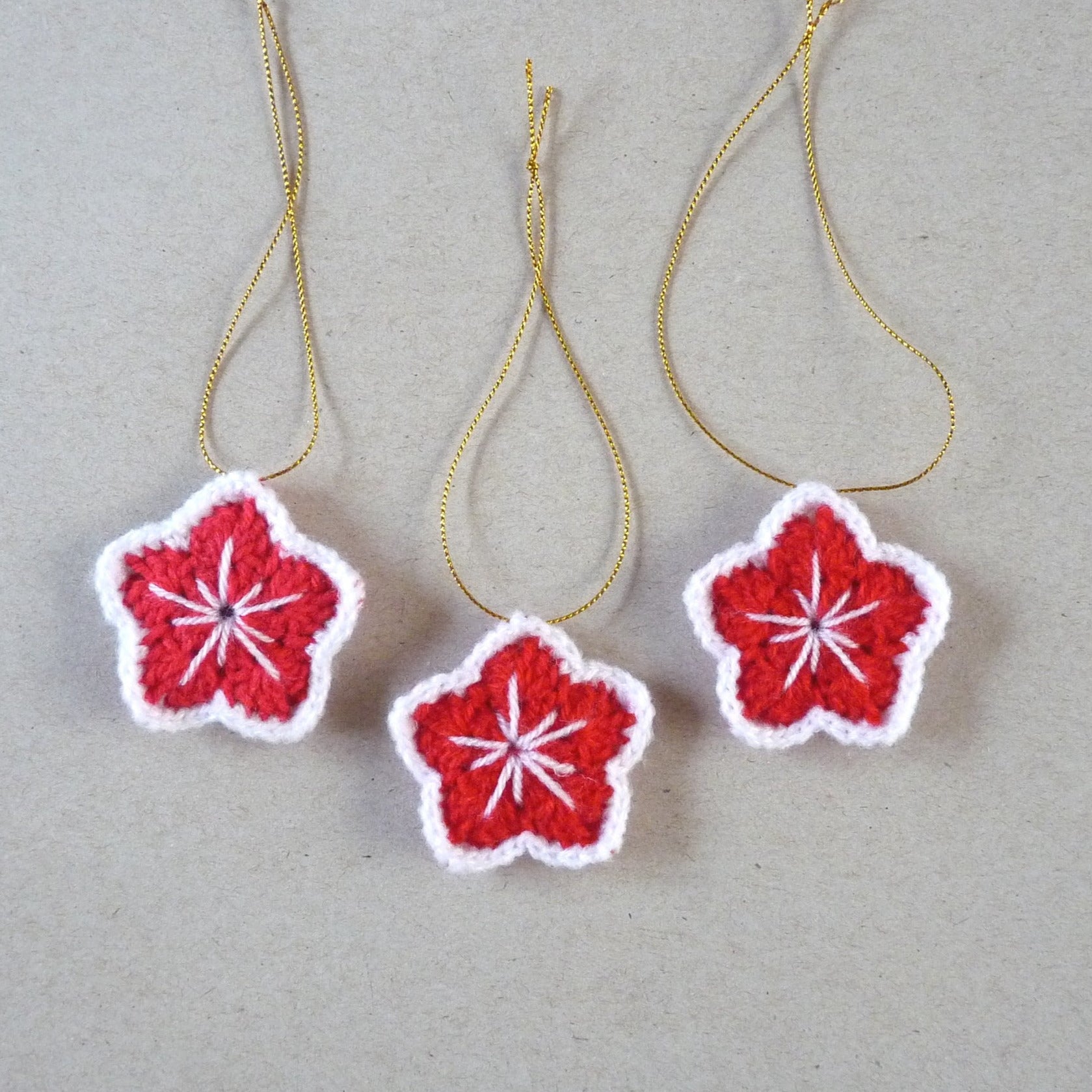 crochet red and white crochet star Christmas tree ornaments - set of 3