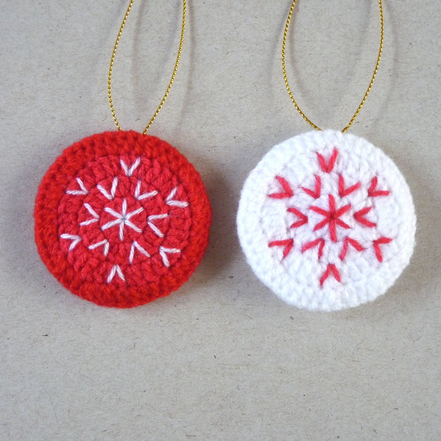 red and white crochet Christmas tree ornament