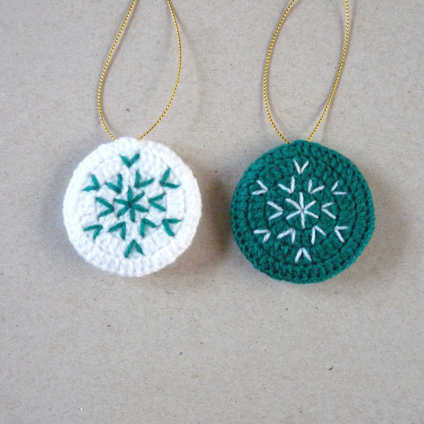 dark green and white crochet Christmas tree ornaments, set of 2