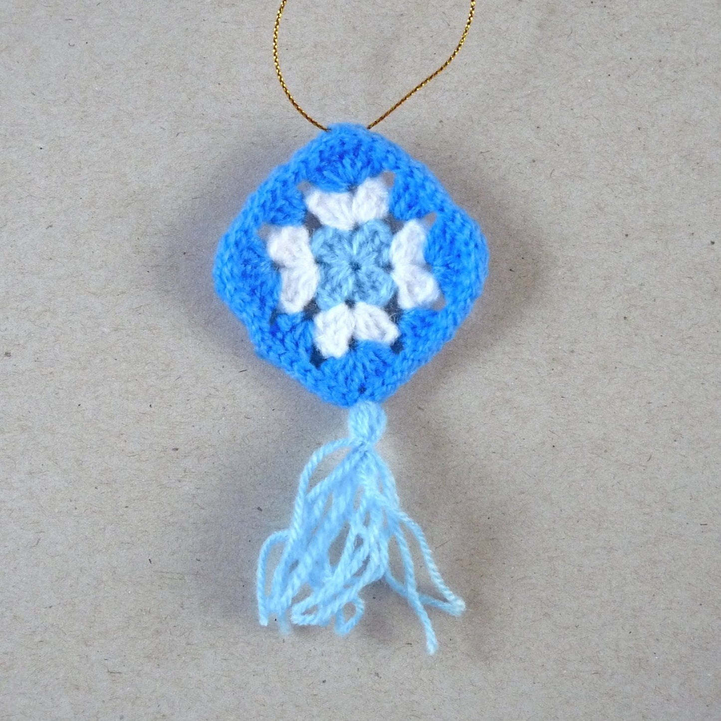 blue and white crochet granny square Christmas tree ornament