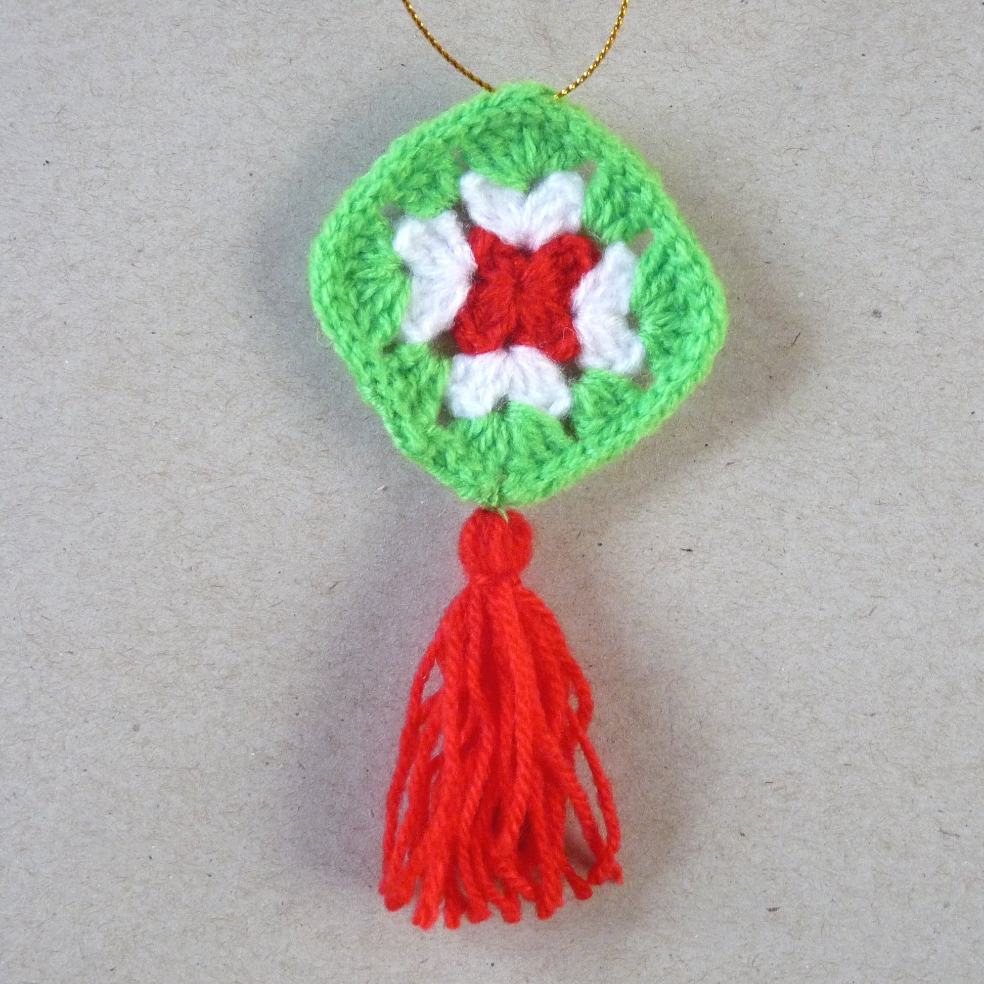red green and white crochet granny square Christmas tree ornament