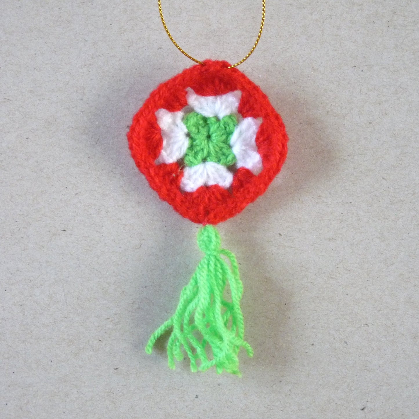 red white and green crochet granny square Christmas tree ornament