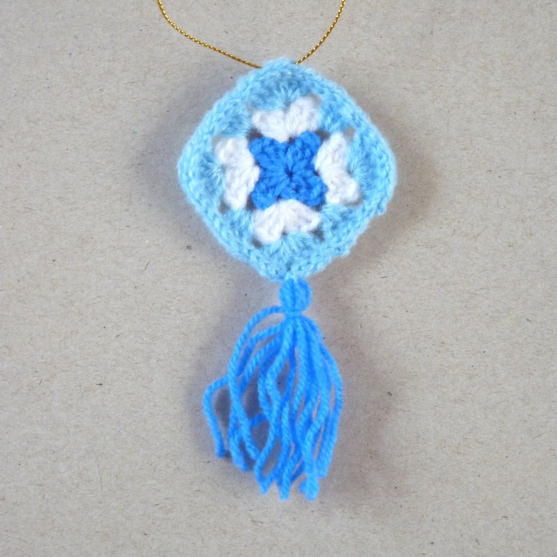 blue and white crochet granny square Christmas tree ornament 