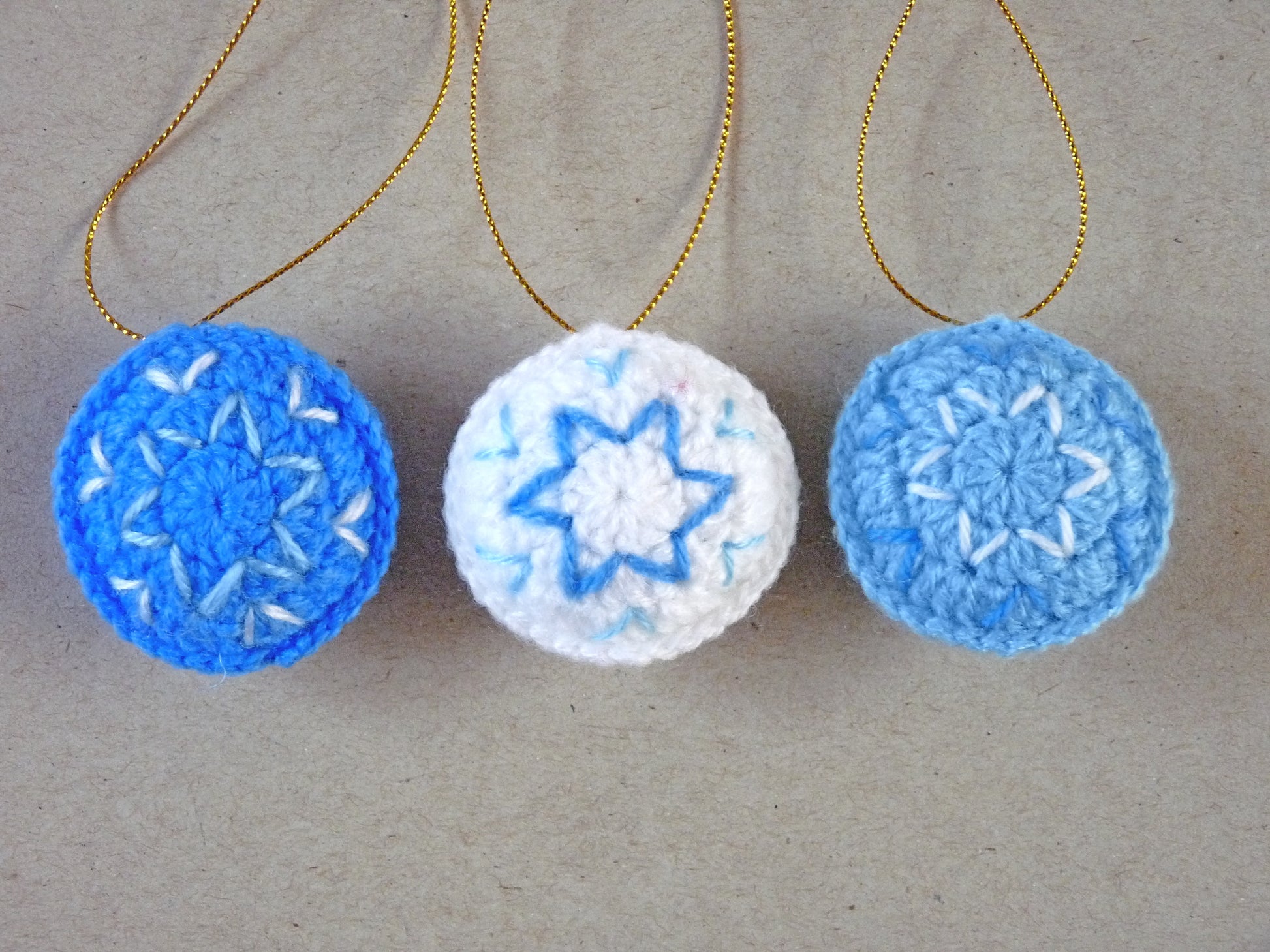 blue and white crochet Christmas tree ornaments set, set of 3 baubles