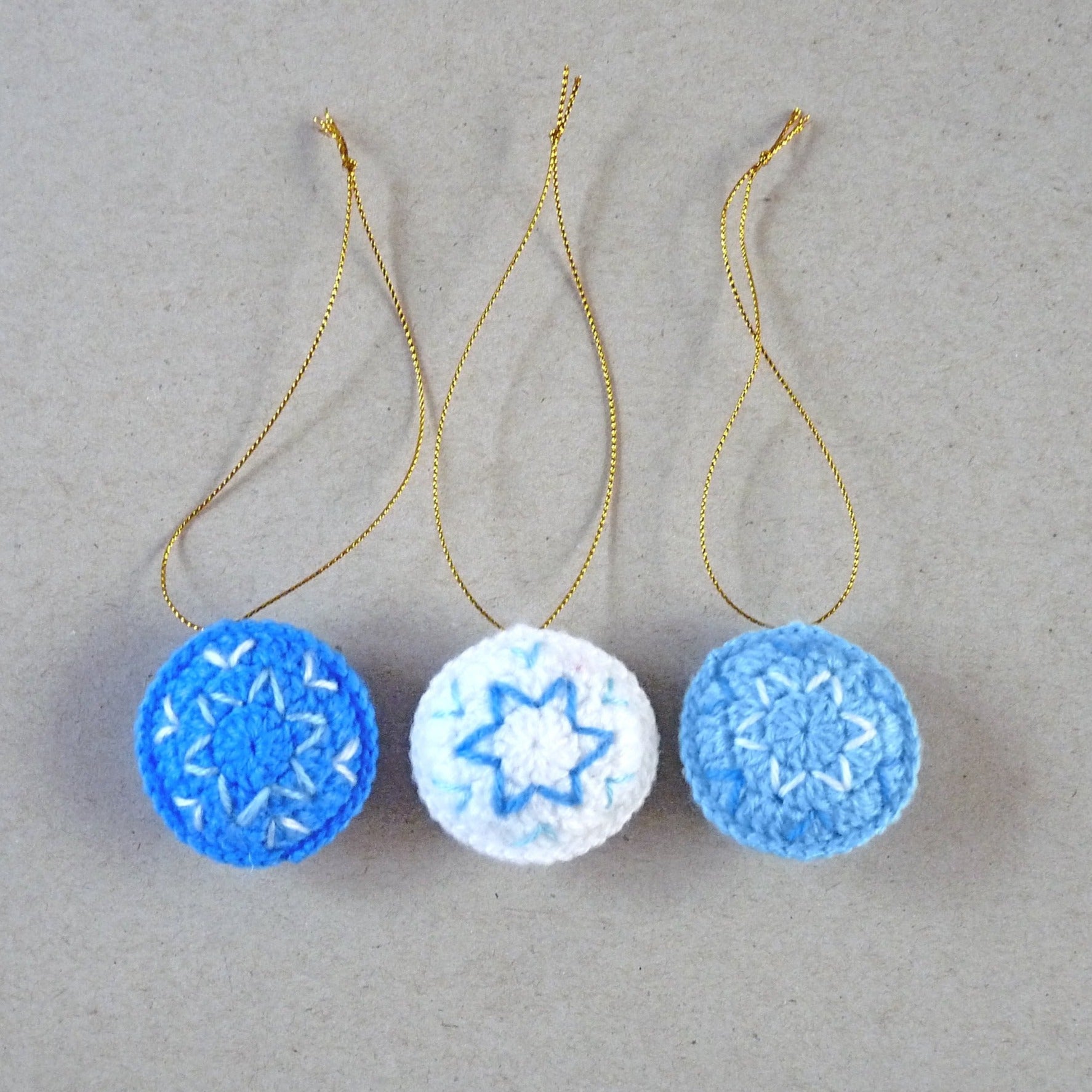 blue and white crochet Christmas tree decorations set of 3 baubles