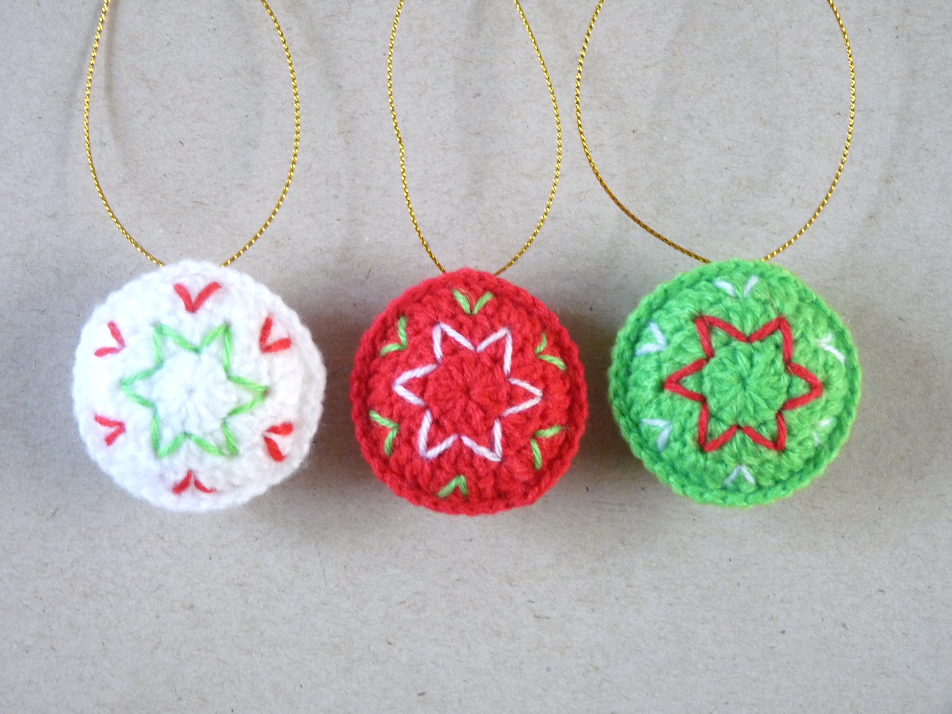 red green and white crochet Christmas tree ornaments, set of 3 round ornaments 