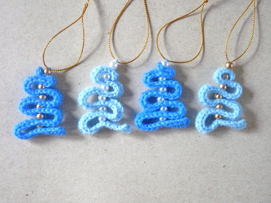 blue crochet Christmas tree ornaments set of 4