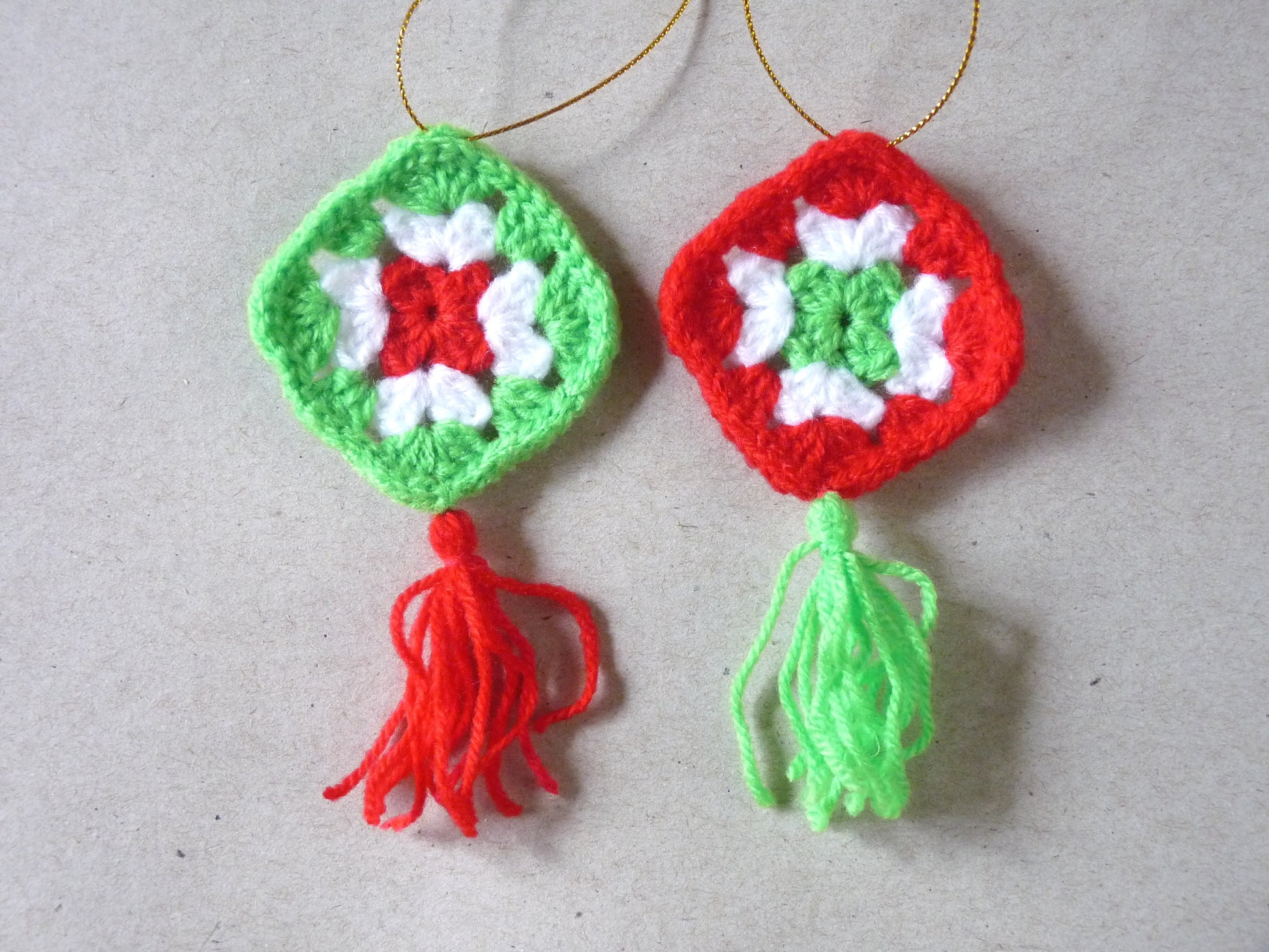 red green and white crochet granny square Christmas ornaments set of 2