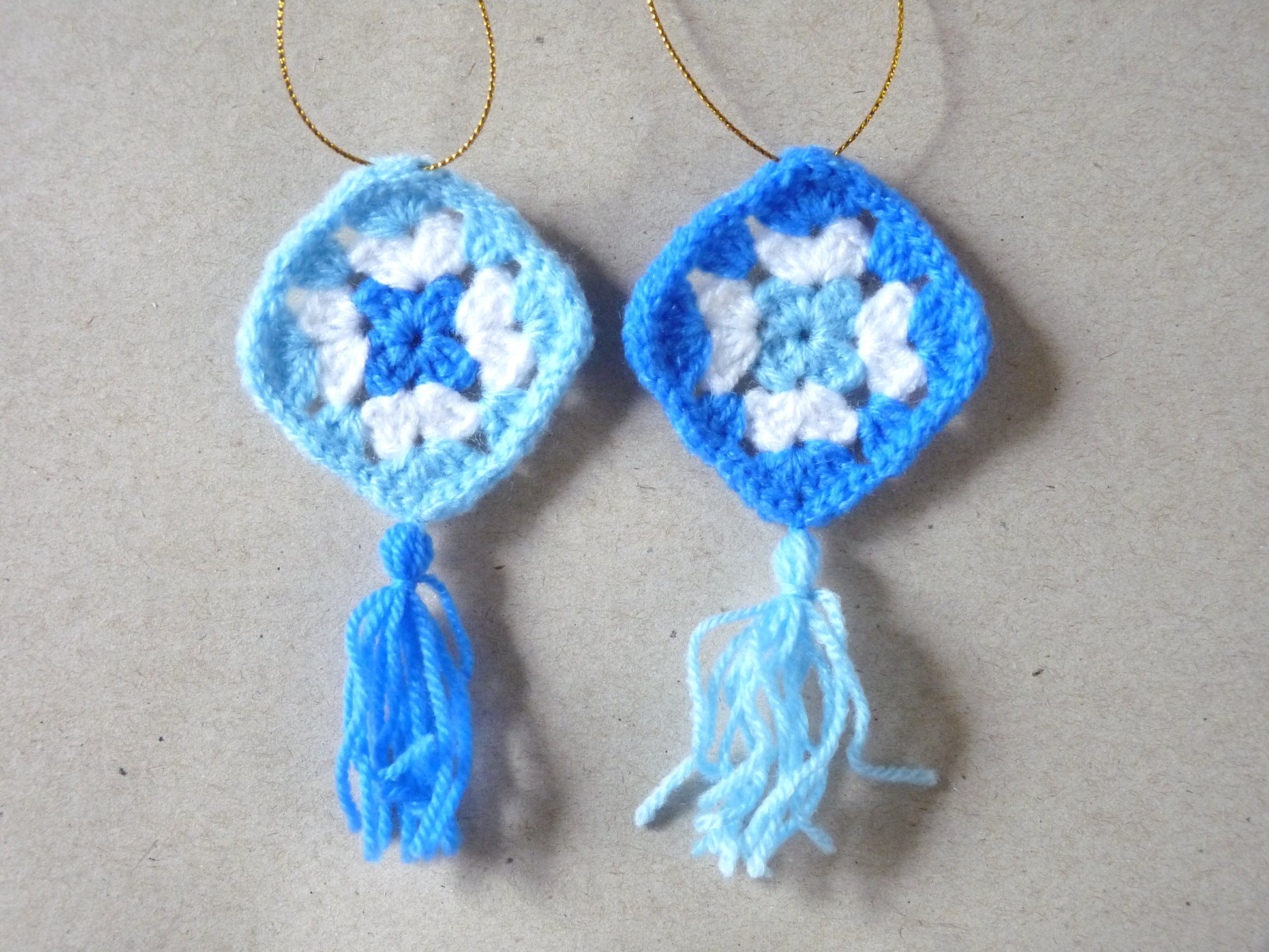 blue and white crochet granny square Christmas tree ornaments set of 2
