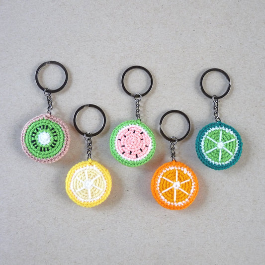 crochet fruit slices keychain set of 5, watermelon, kiwi, orange, lemon, lime