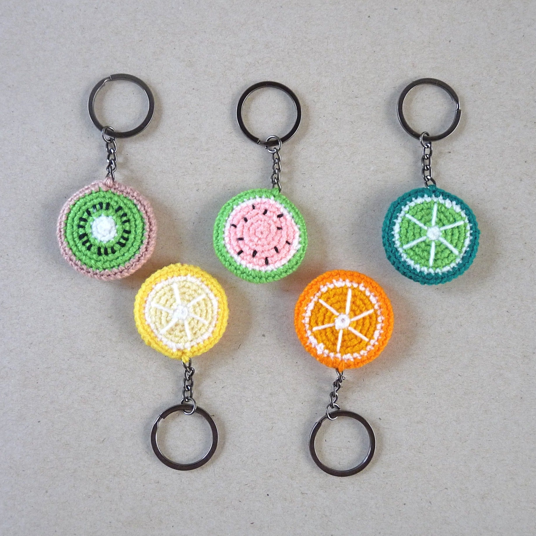 amigurumi fruit slices keyring set of 5, watermelon, kiwi, orange, lemon, lime