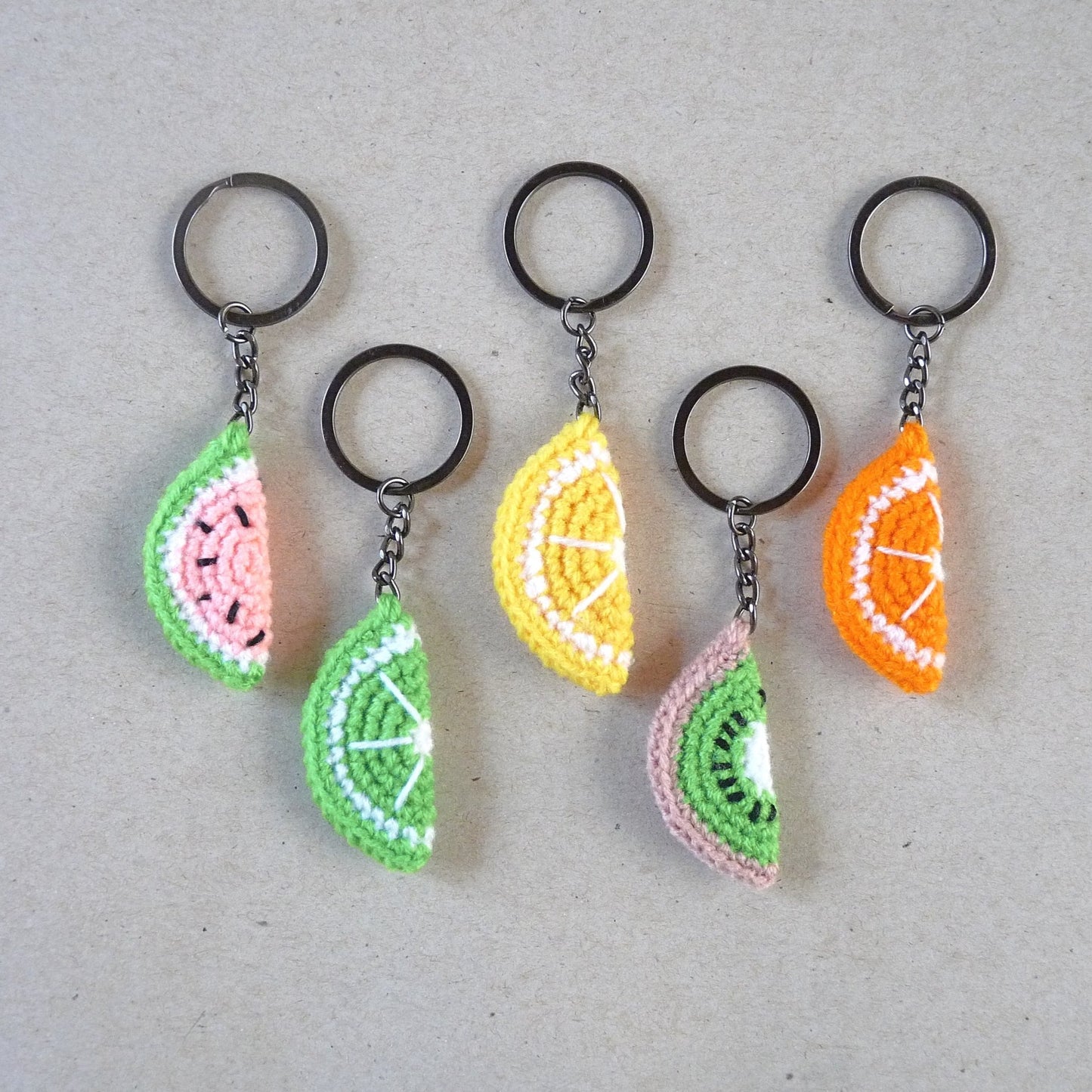 crochet half fruit slices keychain set of 5, watermelon, kiwi, orange, lemon, lime