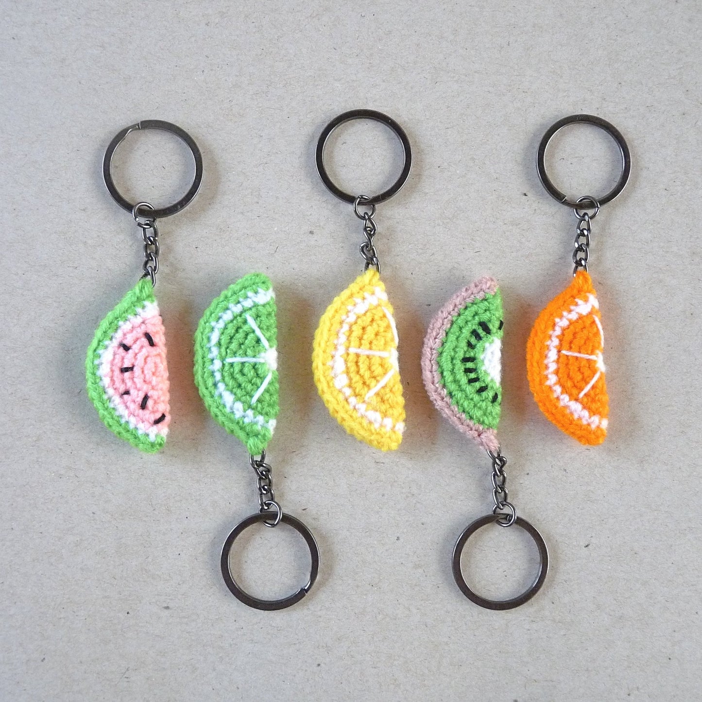 amigurumi half fruit slices key tag set of 5, watermelon, kiwi, orange, lime and lemon