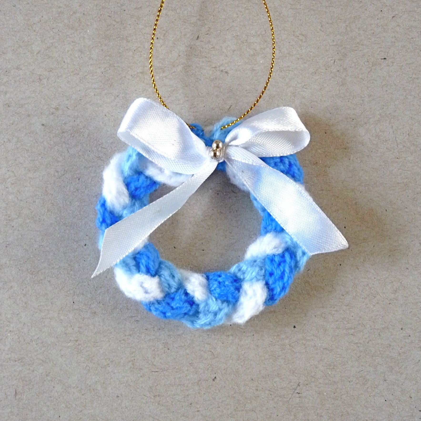 blue and white crochet wreath Christmas tree ornament