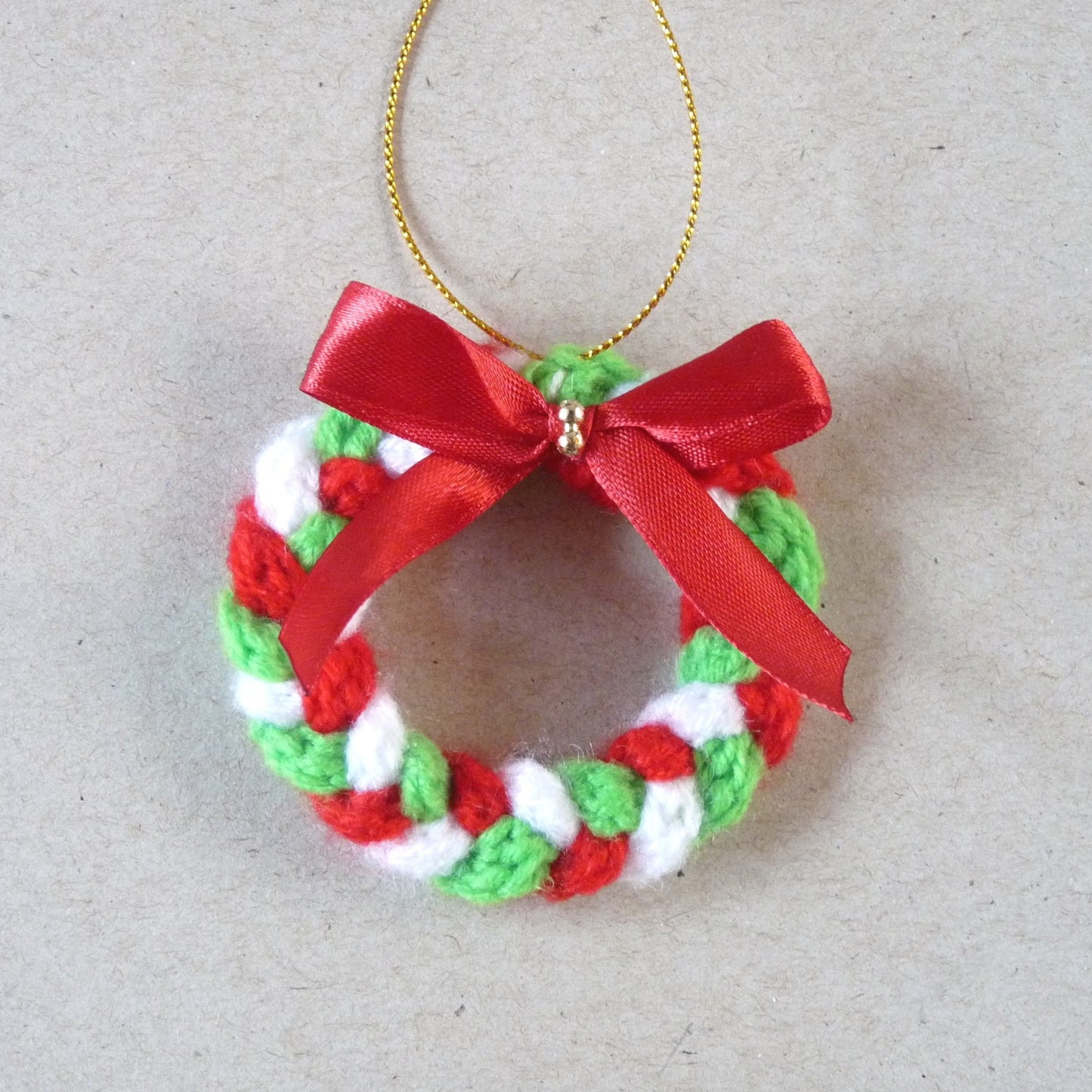 red white and green crochet wreath Christmas tree ornament
