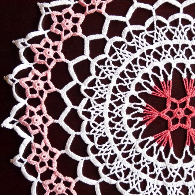 pink and white floral round crochet lace centrepiece