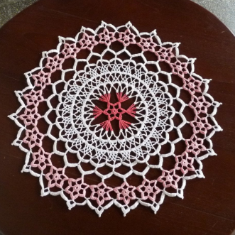 Pink and white large round crochet doily