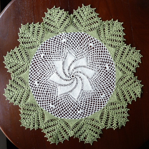 handmade green and off white large round crochet lace doily