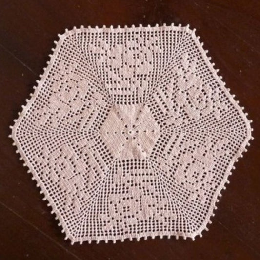 handmade light peach rose patterned fillet crochet hexagon small doily 