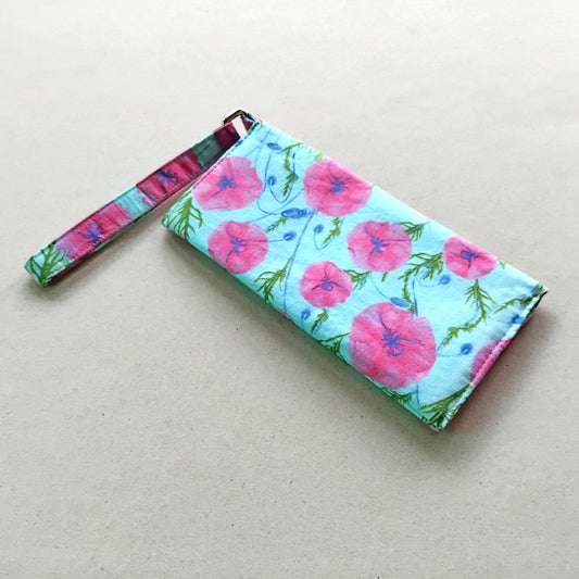 cotton fabric ladies wallet, large pink flowers on mint blue background.