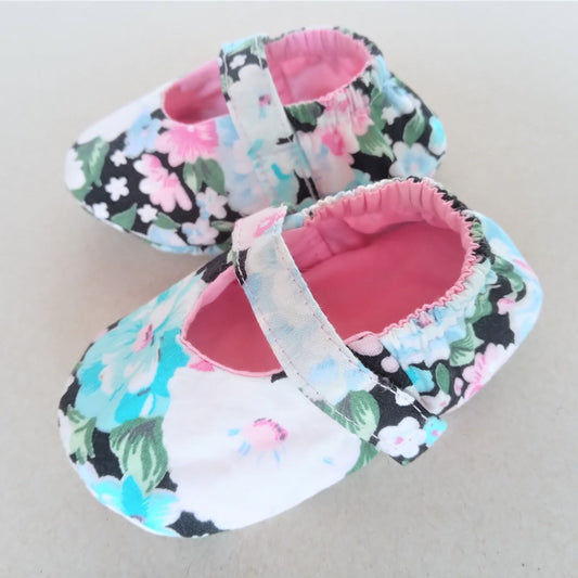 Floral fabric baby shoes, handmade, cotton, soft sole, Mary Janes, for girls