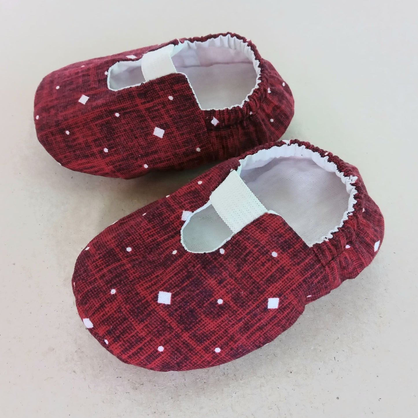 Dark red fabric baby shoes, handmade, cotton, soft sole, slip-on shoes, unisex