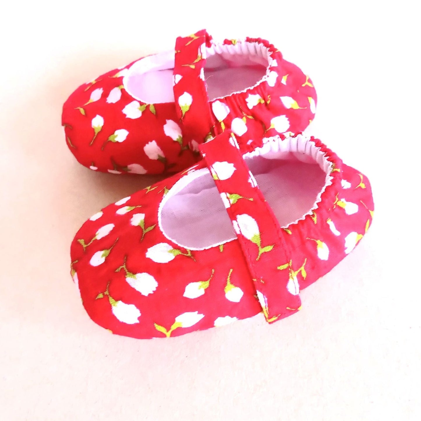 Red floral cotton mary janes. soft sole fabric baby shoes