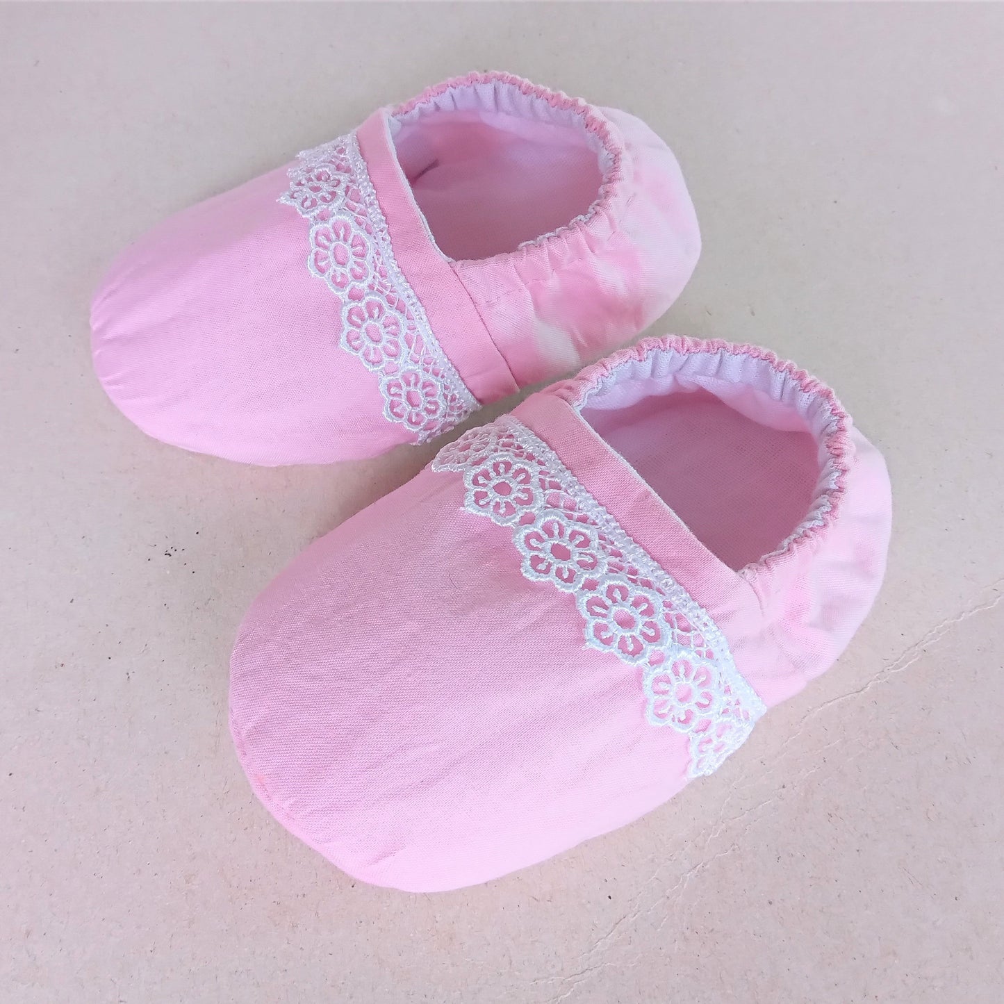 light pink cotton soft sole slip on fabric baby shoes