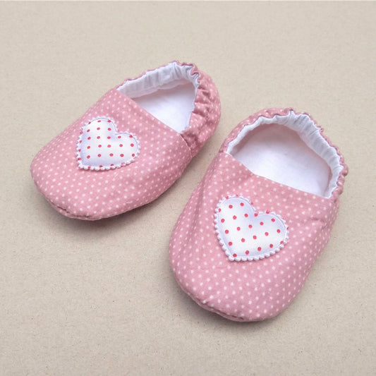 light pink polka dot soft sole baby shoes with heart appliques. cotton fabric flat shoes