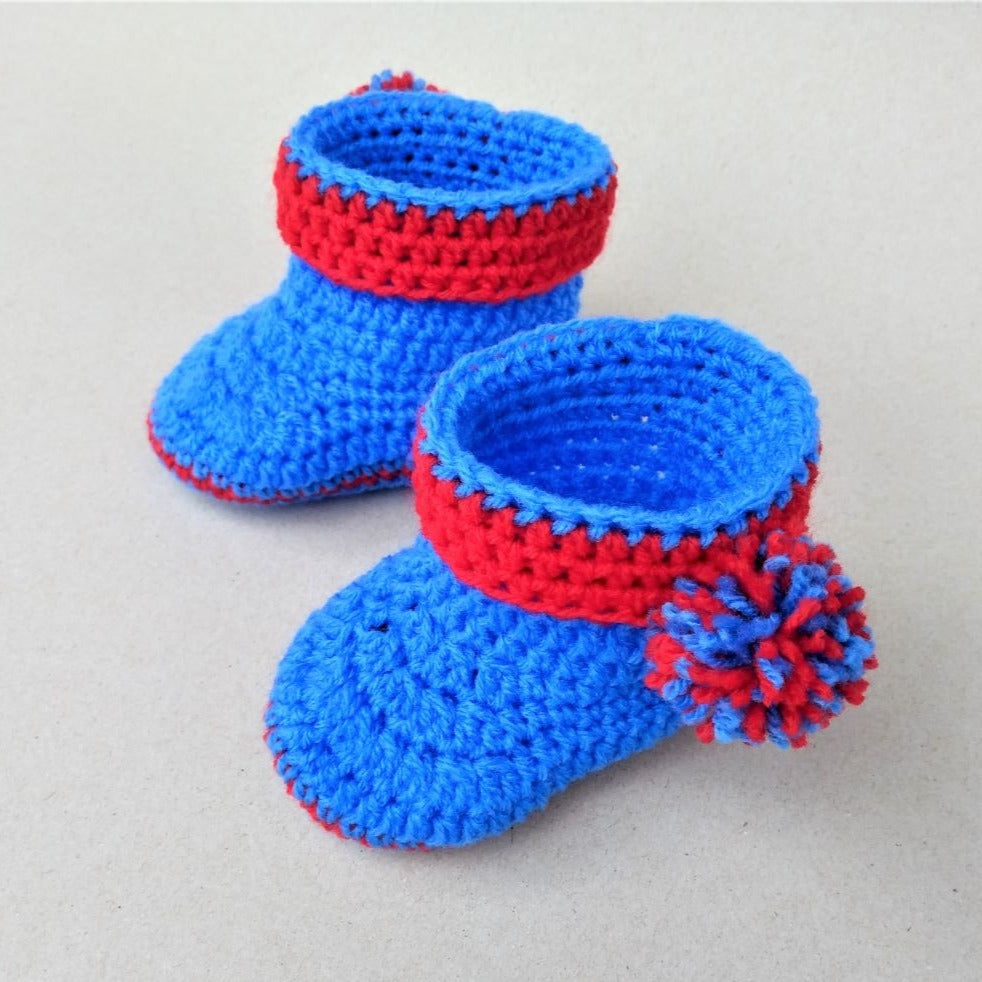 red and blue crochet baby hat and booties set