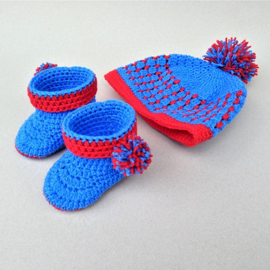 red and blue crochet hat and shoes set for 6 to 12 month old babies