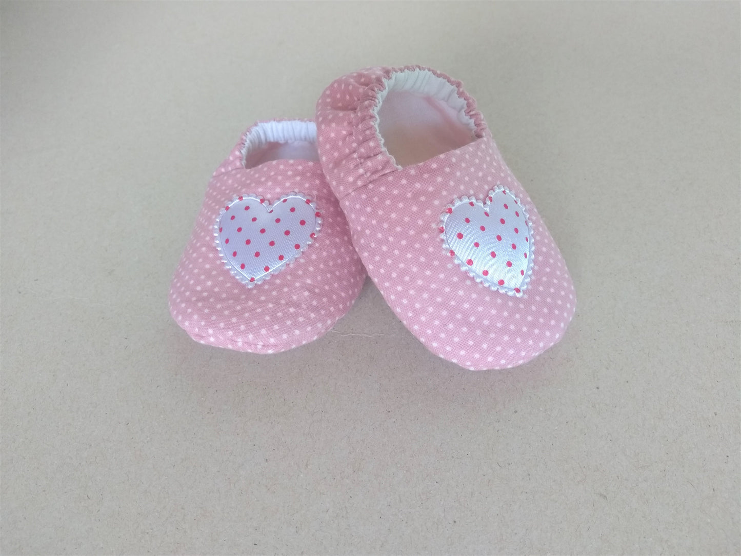 Pink baby shoes with hearts, handmade, soft sole, cotton, slip-on shoes for girls